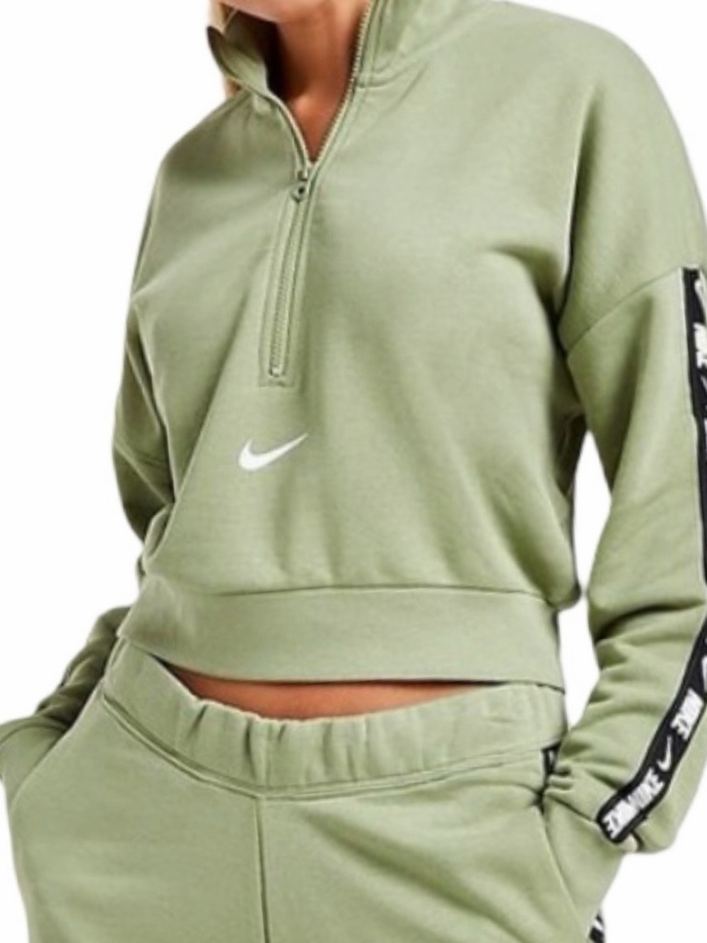 Nike Olive Green Cropped Half-Zip Pullover with Logo Tape